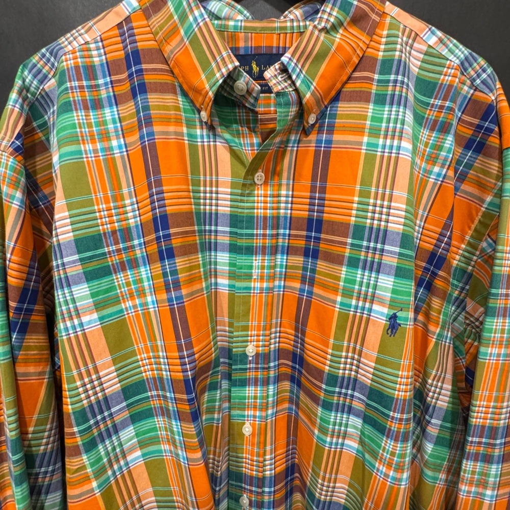 Polo Ralph Lauren Mens 2XB Big Plaid Button Down Shirt Orange Green Classic Fit